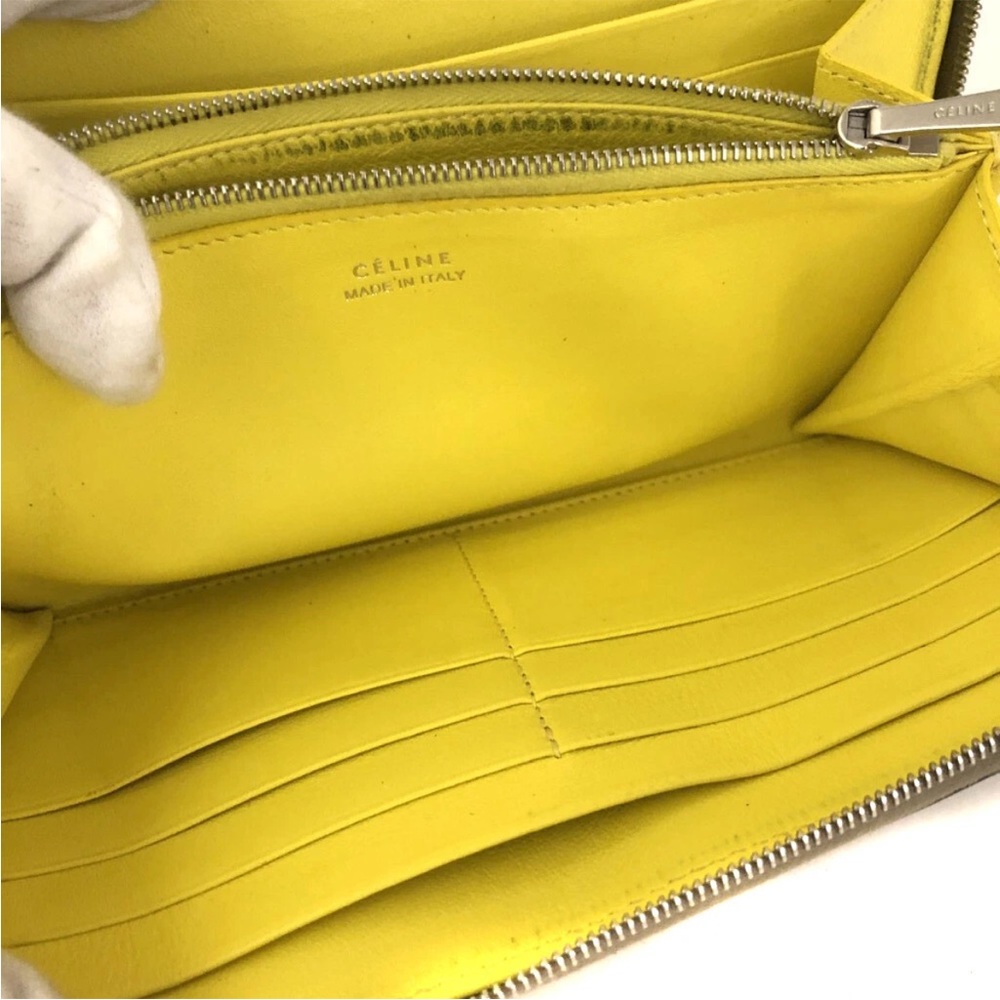 Authentic CELINE Logo Grey x Yellow Leather White Stitch Zip Around Long Wallet - Picture 7 of 8